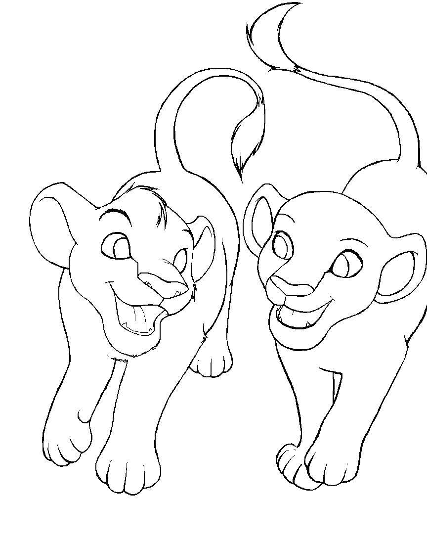 Раскраска Король Лев Симба и Нала с львятами
