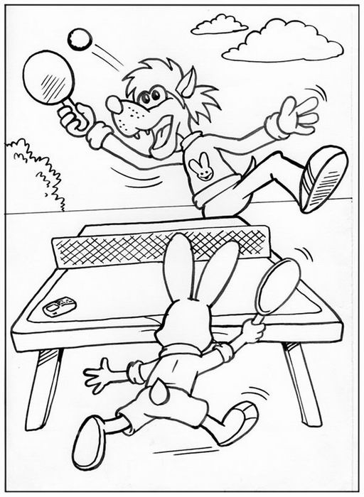 Раскраски зайцы, зайчиха, зайчонок  Волк и заяц играют в настольный теннис, мультфильм ну погоди, теннисный стол