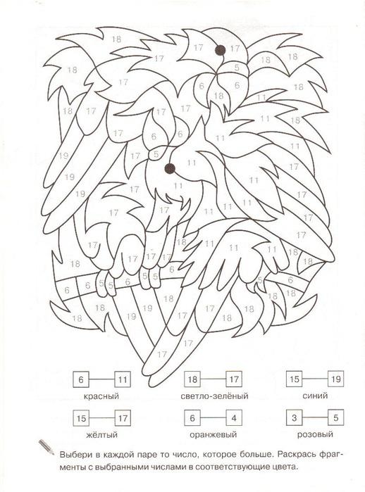 Раскраска попугай  Математические раскраски для 1 класса, попугаи