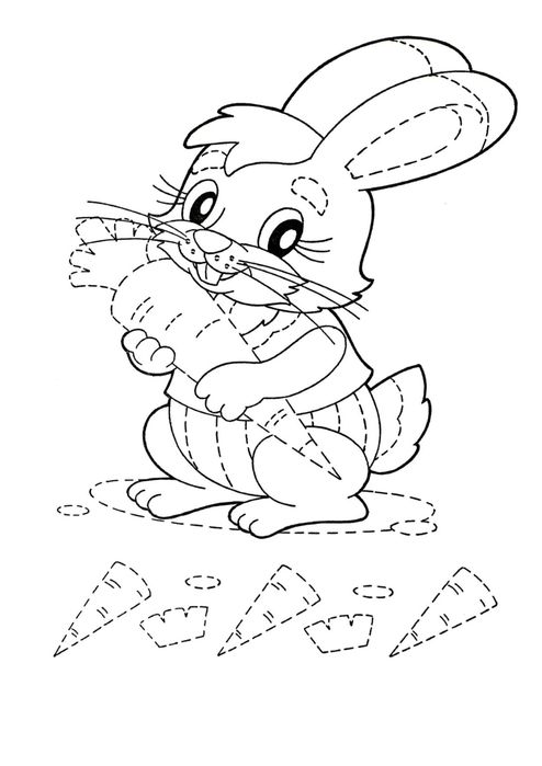 Раскраски зайцы, зайчиха, зайчонок  Прописи для самых маленьких, заяц с морковкой раскраска