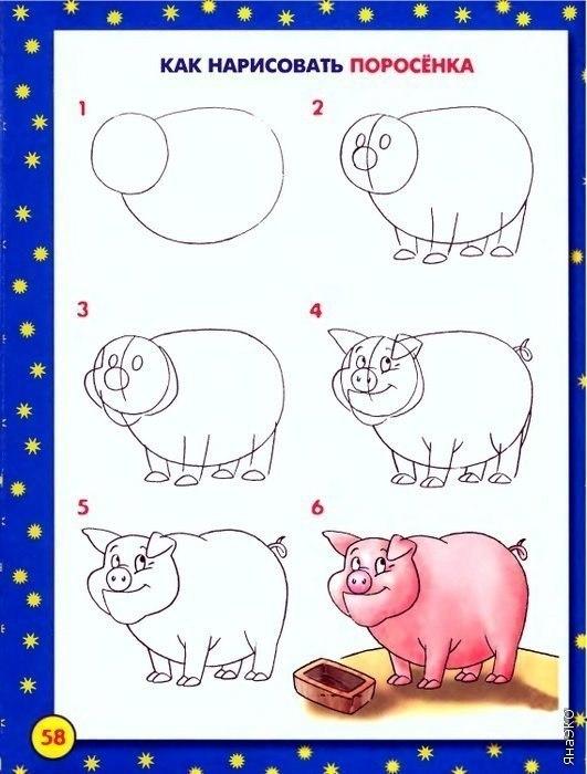   как нарисовать свинку, свинью, кабан, поросенок