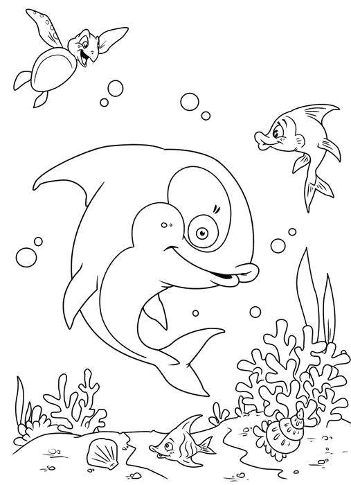 Раскраски черепаха  Рыбы и черепашка плавают под водой
