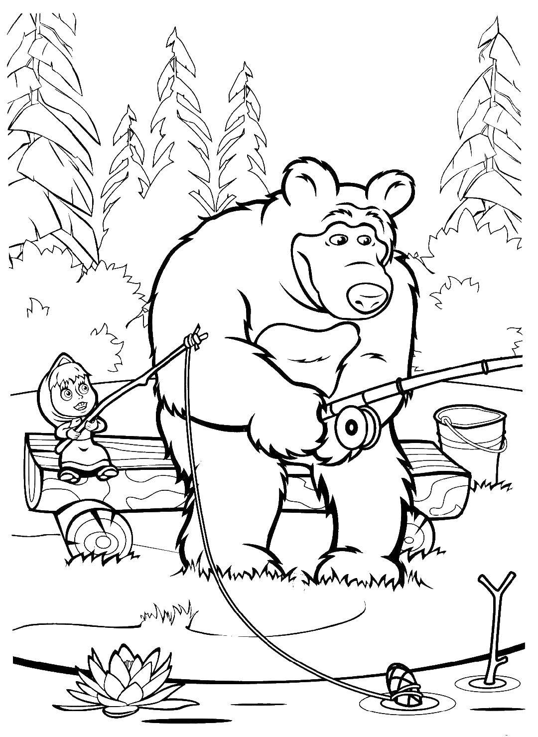 Раскраски медведь, медведица, медвежонок  Маша и медведь ловят рыбу