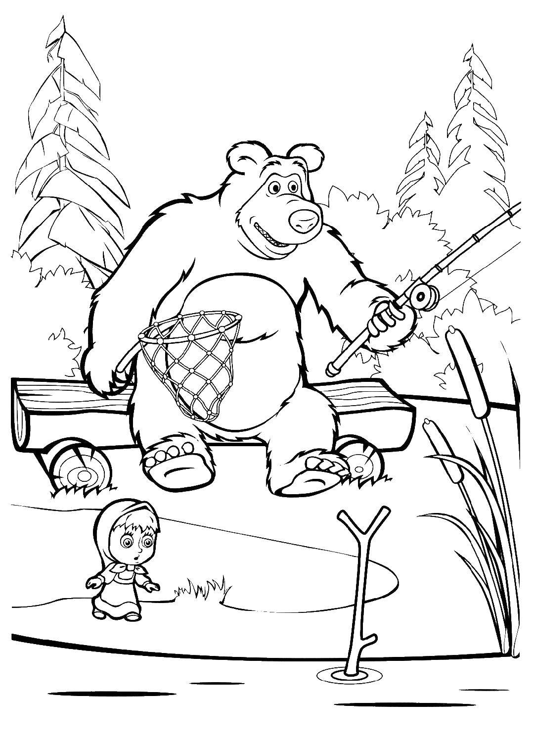 Раскраски медведь, медведица, медвежонок  Маша и медведь на рыбной ловле