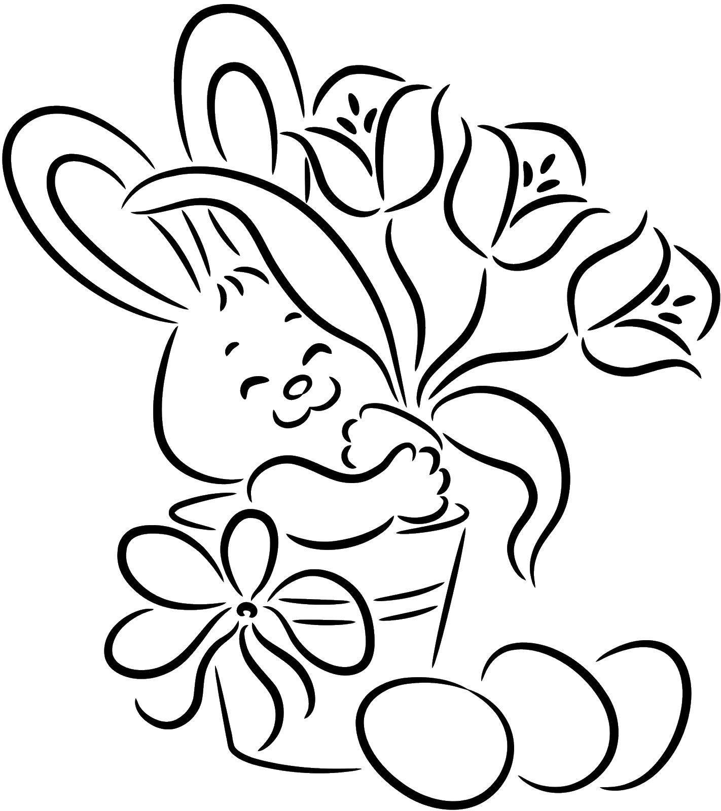Раскраски зайцы, зайчиха, зайчонок  Заяц с цветами и яйцами