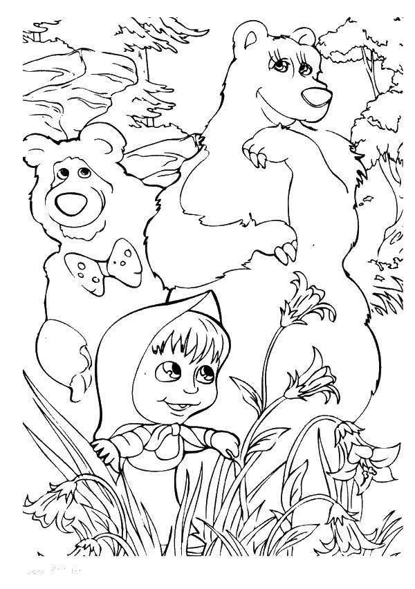 Раскраски медведь, медведица, медвежонок  Маша и медведь в лесу