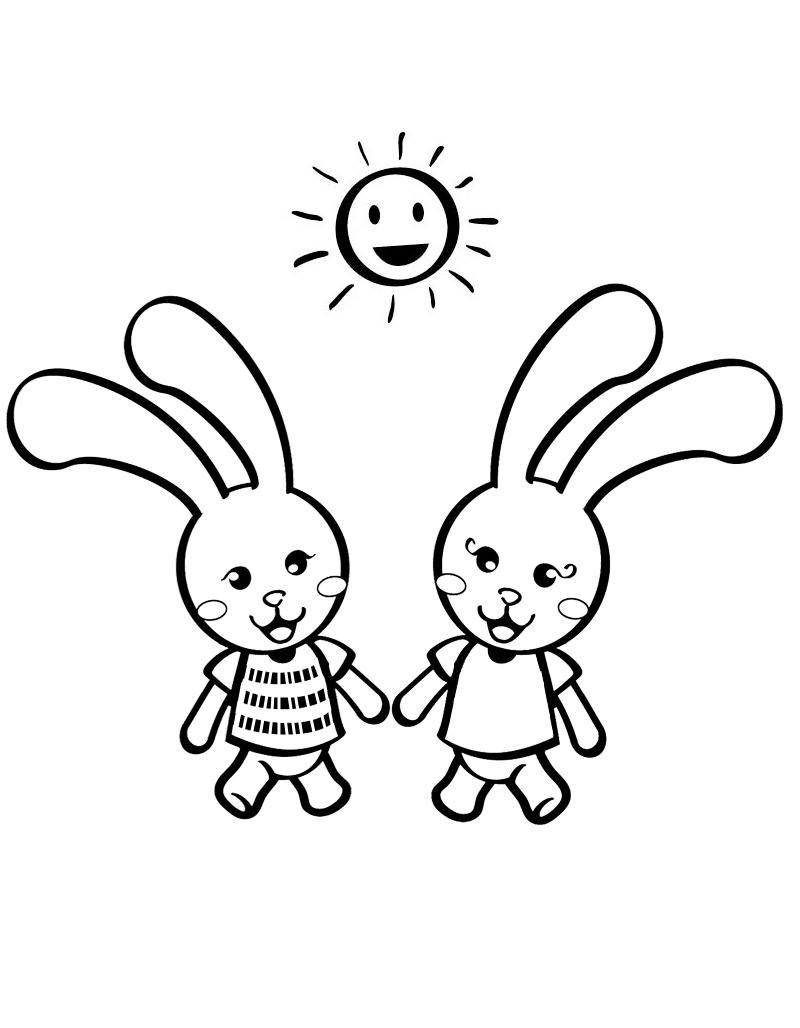 Раскраски зайчата и зайцы  Рисунок двух веселых зайчиков