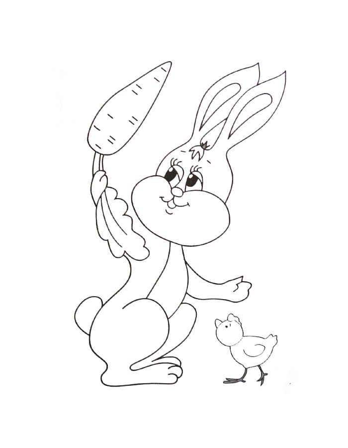 Раскраски зайчата и зайцы  Рисунок зайчика с морковкой и цыпленком