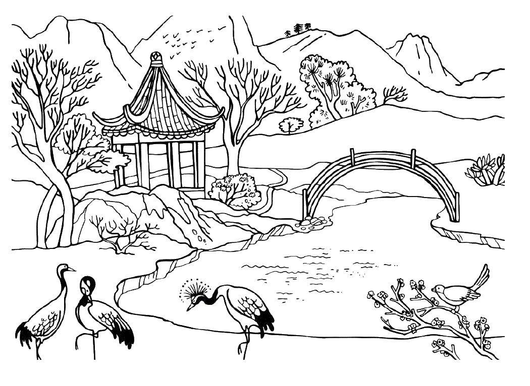 Раскраска с журавлем  Журавли в китайской деревне