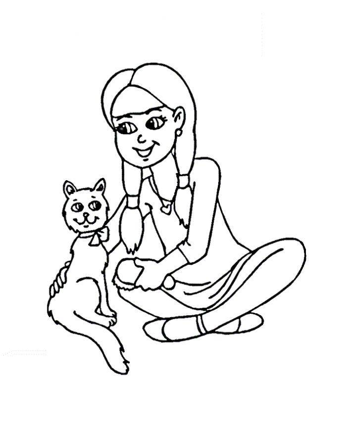   Рисунок девочки играющей с котенком