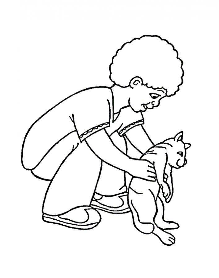   Рисунок мальчика играющего с котом