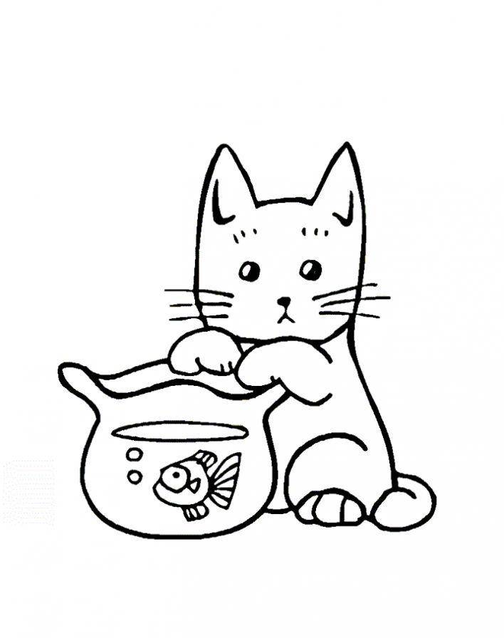   Рисунок печального котенка с рыбками