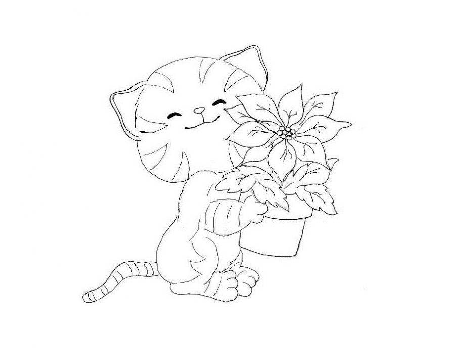   Рисунок довольного кота с цветами
