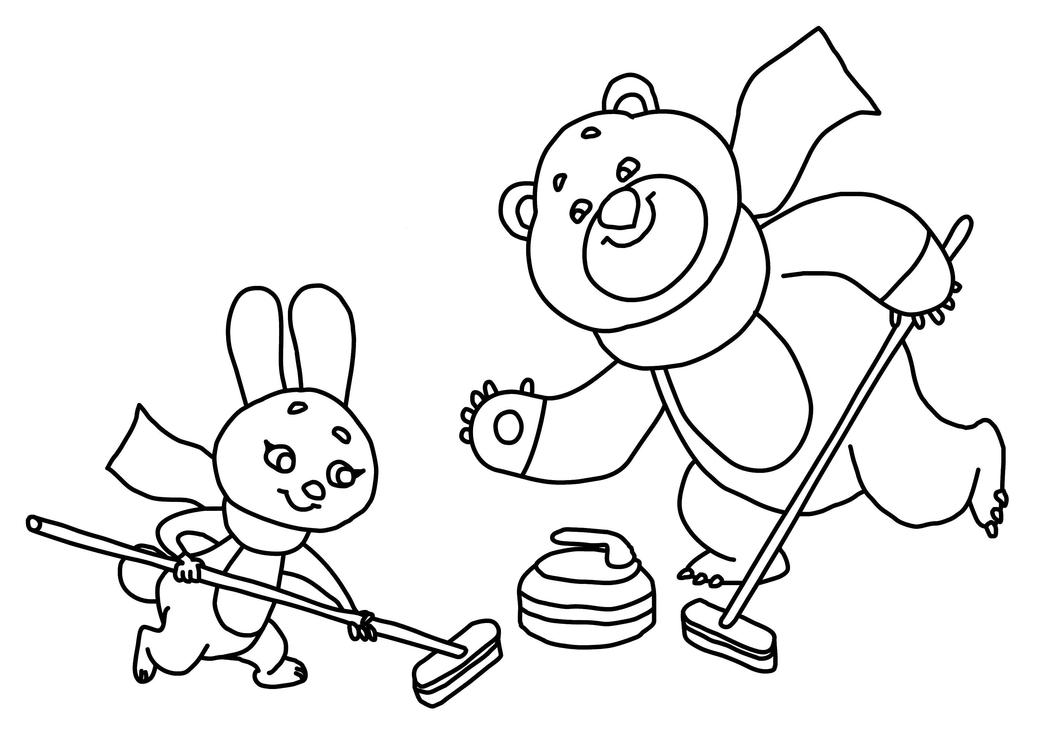 Раскраски зайцы, зайчиха, зайчонок  Олимпийский мишка и заяц играют в керлинг