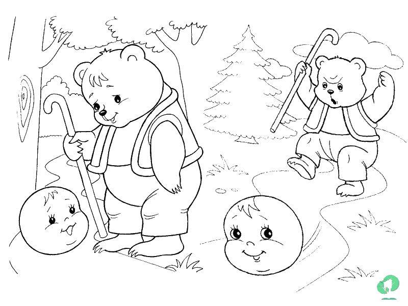 Раскраски медведь, медведица, медвежонок  Колобок и медведь