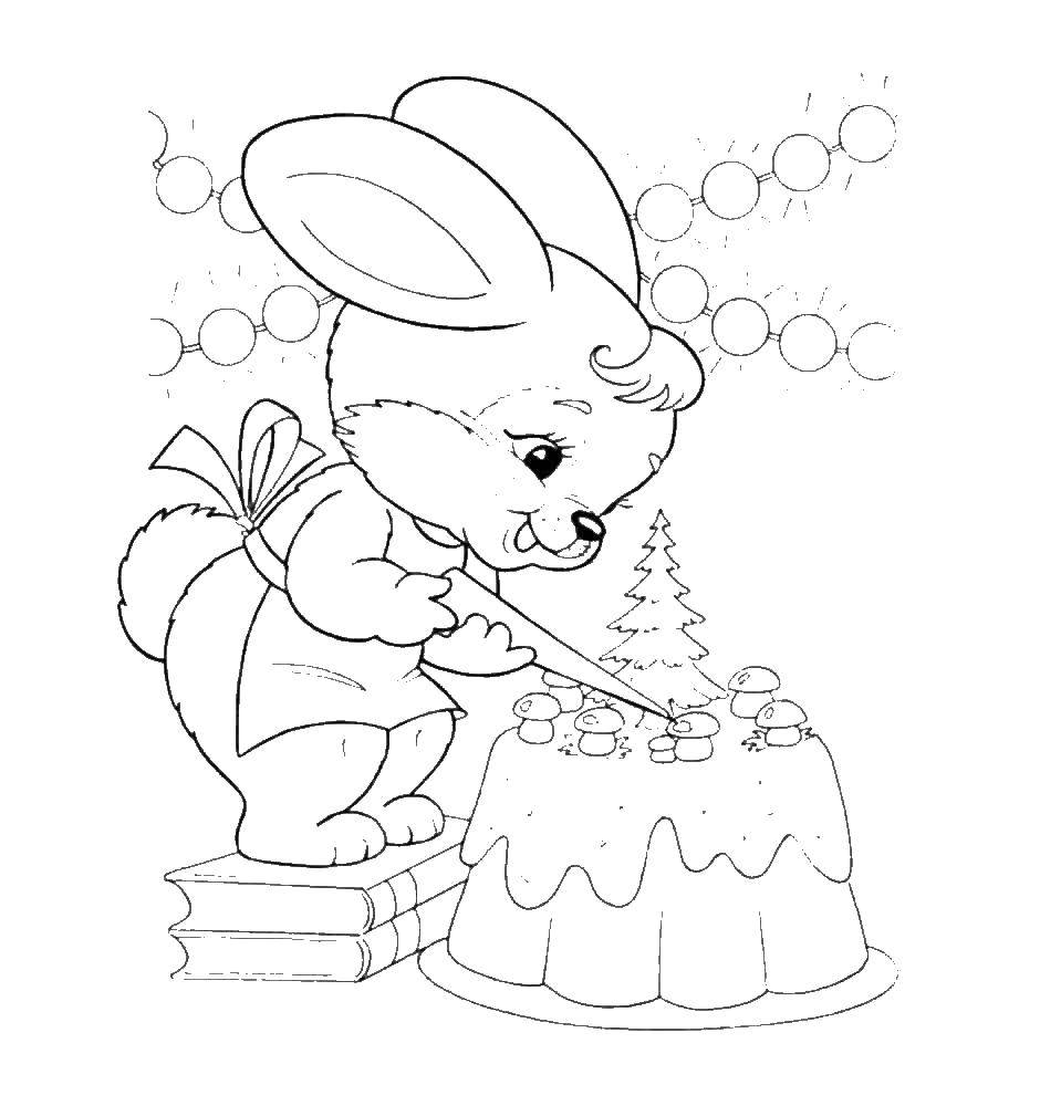 Раскраски зайчата и зайцы  Зайчик украшает торт