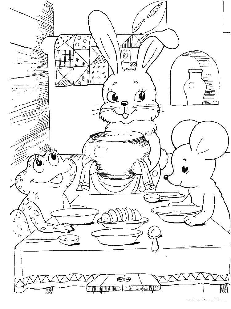 Раскраски зайчата и зайцы  Мышонок и лягушка, зайчик кушают