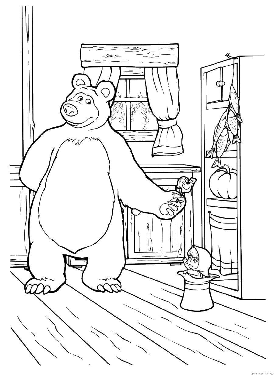 Раскраски медведь, медведица, медвежонок  Медведь дает конфету маше