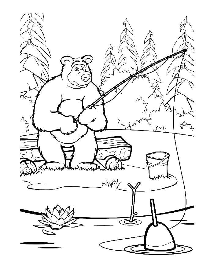 Раскраски медведь, медведица, медвежонок  Медведь на рыбалке