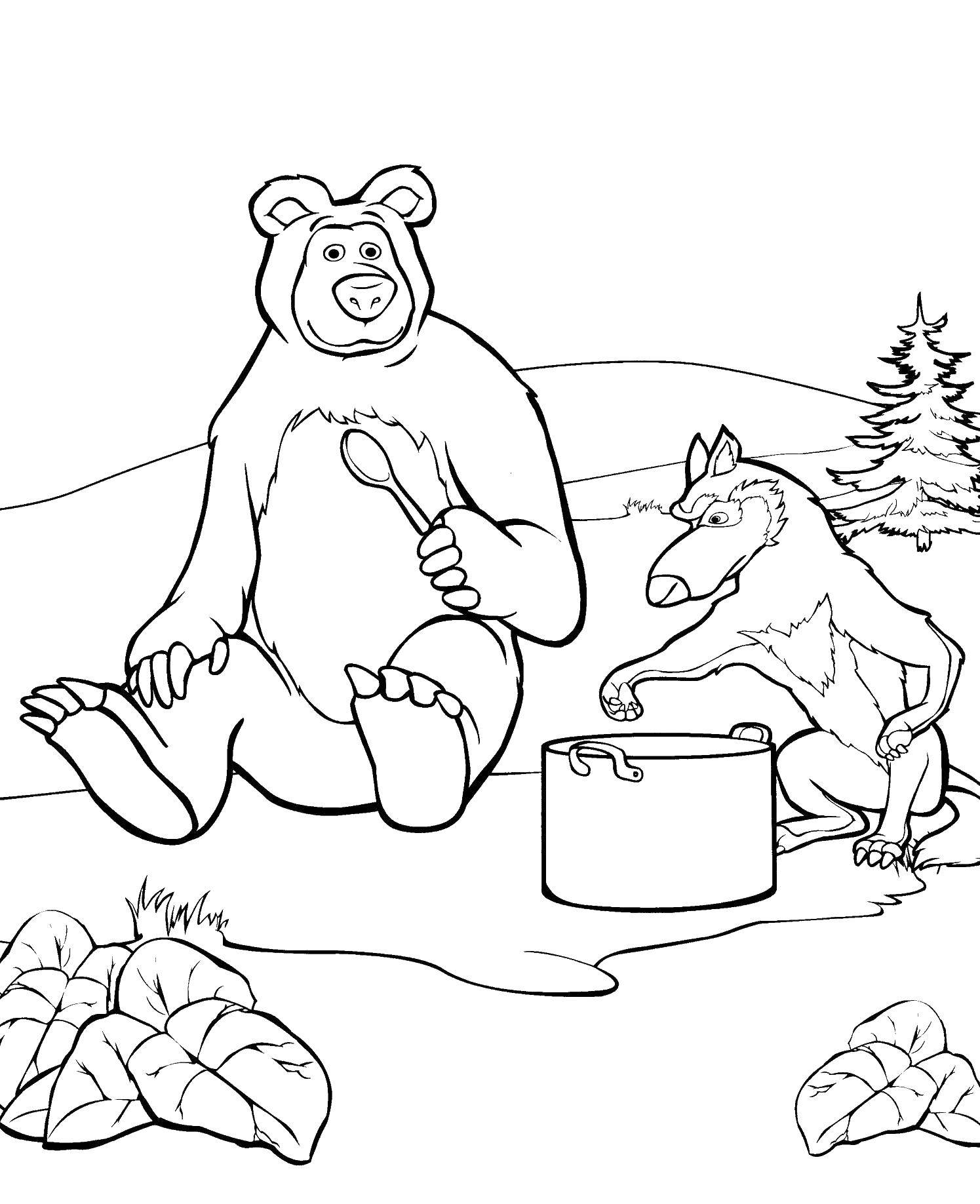 Раскраски медведь, медведица, медвежонок  Миша кушает с волком