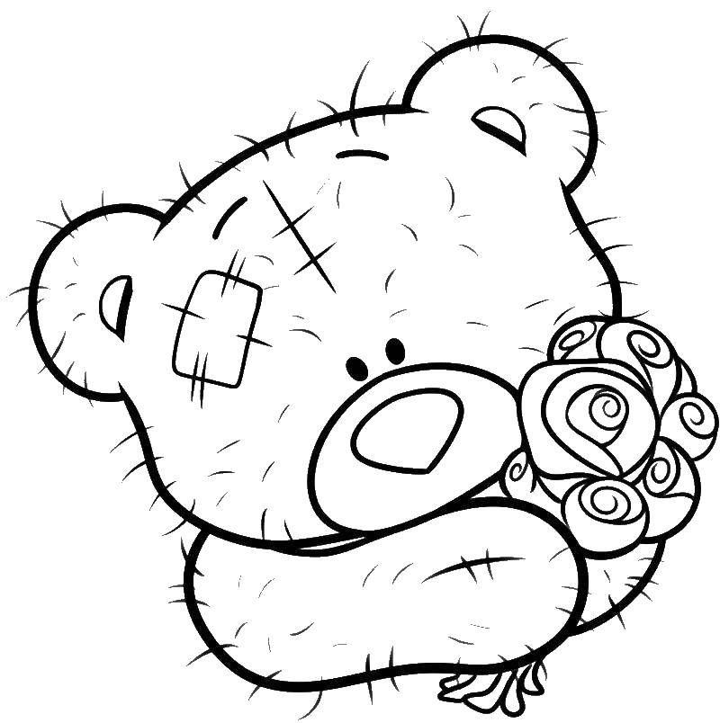 Раскраски мишки мишутки   Мишка тедди с цветочками
