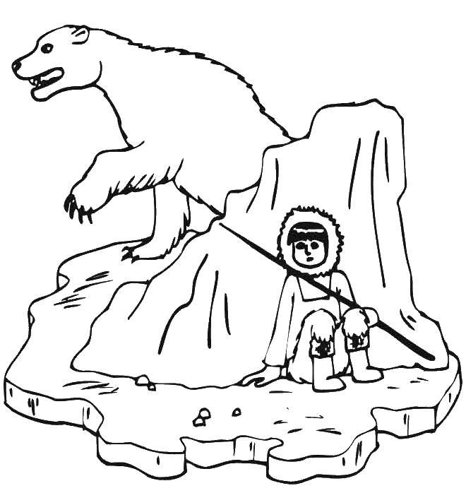 Раскраски медведь, медведица, медвежонок  Эскимос и белый медведь