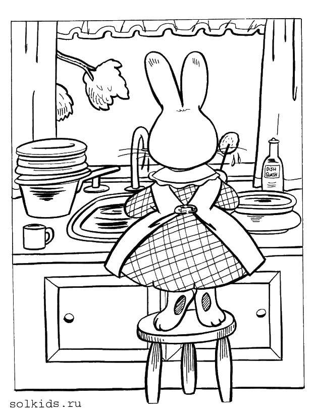 Раскраски зайцы, зайчиха, зайчонок  Заяц моет посуду