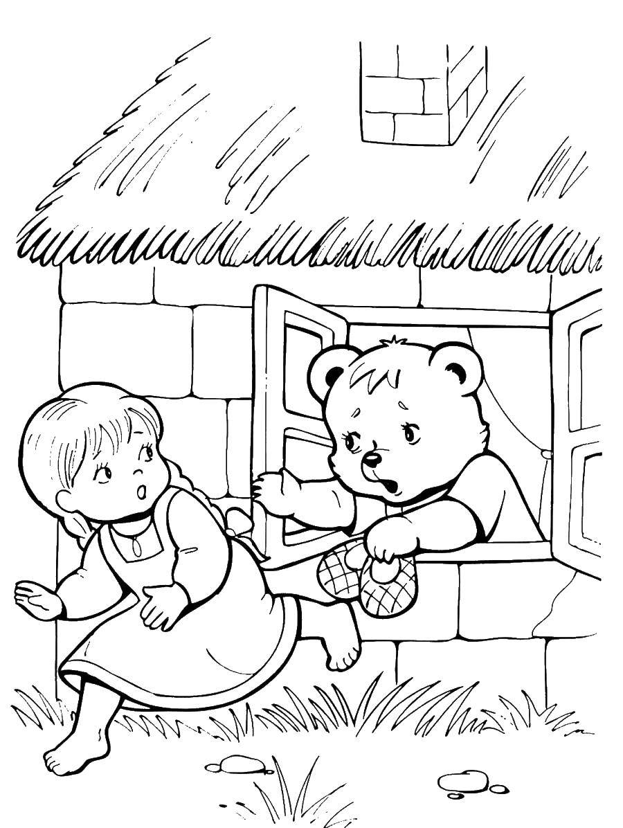 Раскраски медведь, медведица, медвежонок  Девочка убежала от медведя