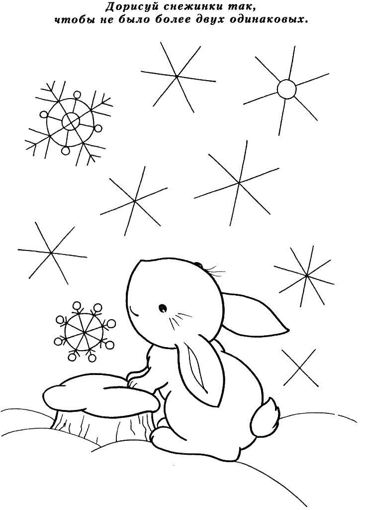 Раскраски зайчата и зайцы  Зайчик смотрит на снежинки
