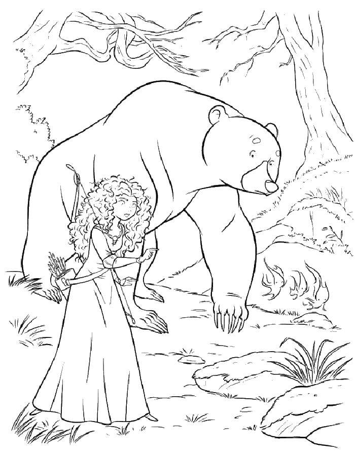 Раскраски медведь, медведица, медвежонок  Мерида с медведем