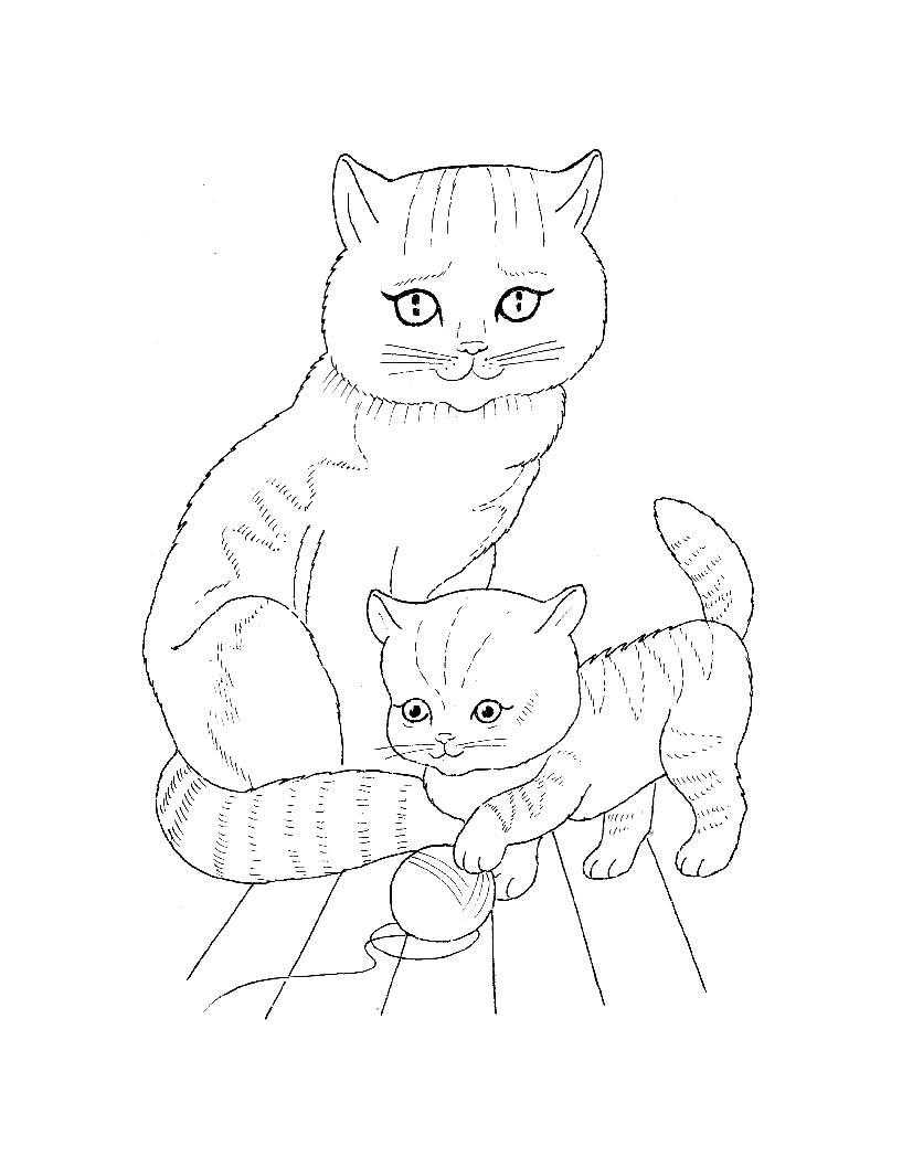   Кошка с котенком и клубком