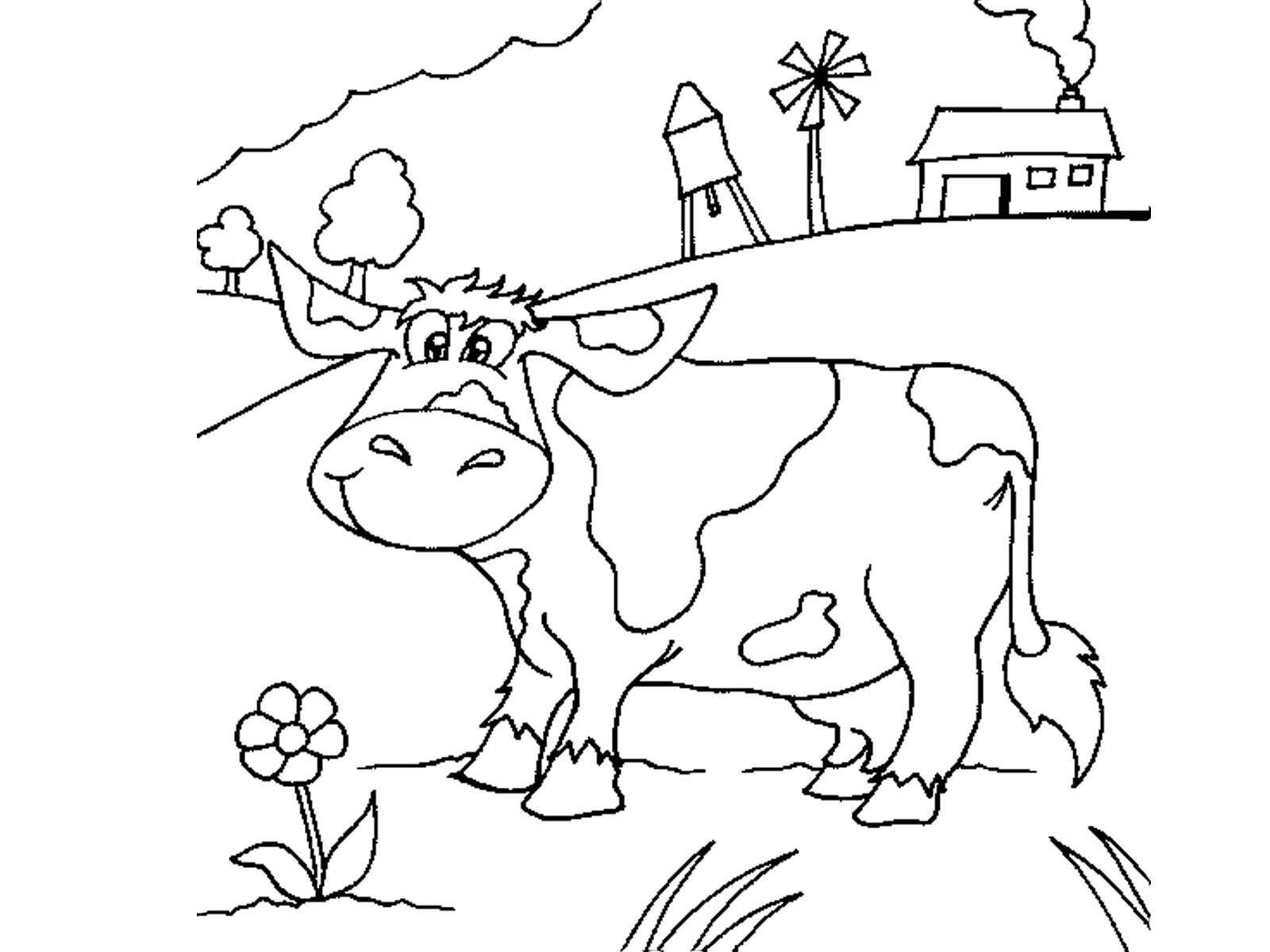 Раскраски домашняя корова  Ферма с коровой на лугу