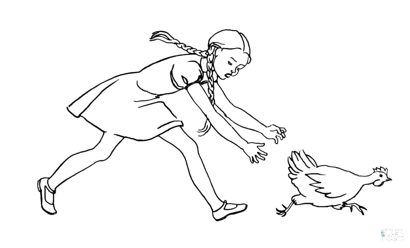   Девочка ловит курицу