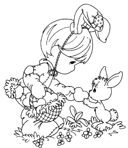 Раскраски зайчата и зайцы  Мальчик в костюме кролика отдаёт зайчику сердечко из своей корзины.