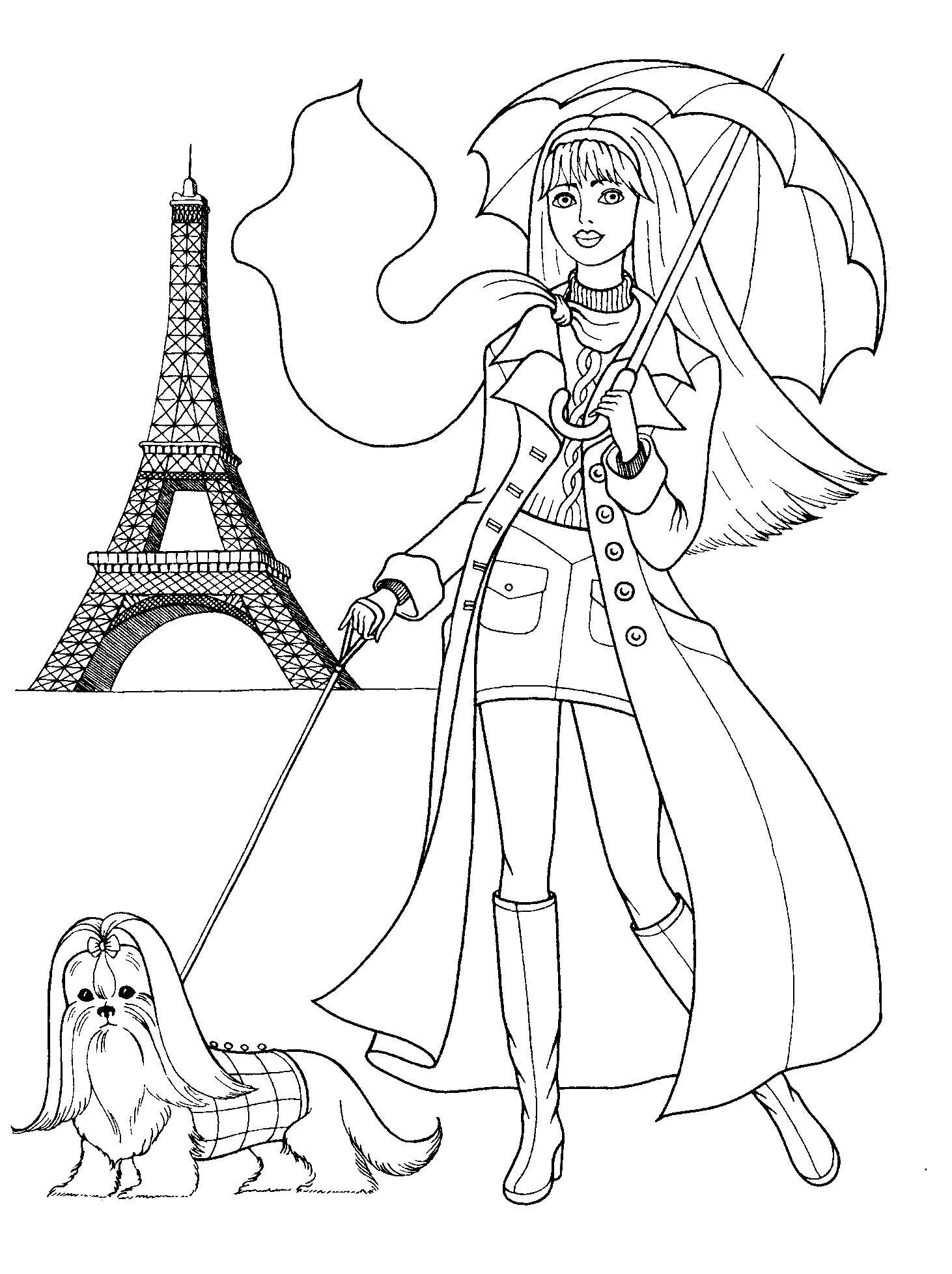   Девочка-барби с собачкой на фоне эльфелевой башни