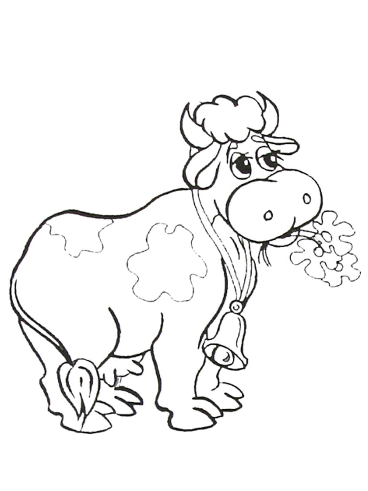 Раскраски домашняя корова  Коровка с колокольчиком жуёт цветочки