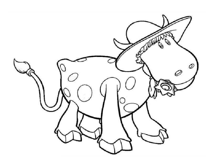 Раскраски домашняя корова  Рисунок корова в шляпе