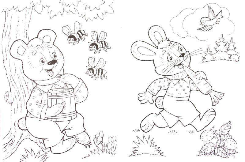 Раскраски зайчата и зайцы  Мишка с медом, зайчик с морковкой, бабочки, пчёлы.
