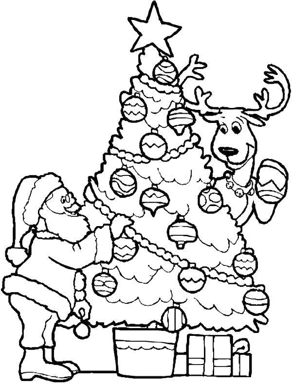   Санта и олень наряжают елку