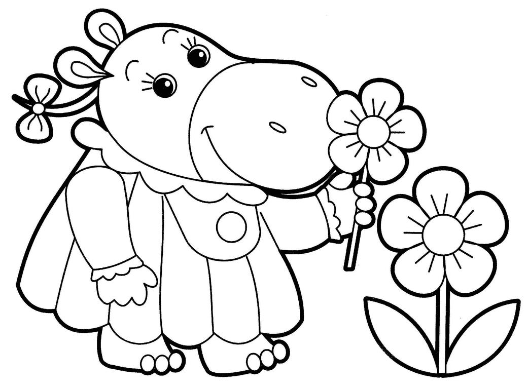 Раскраски бегемоты и гиппопотамы   Бегемотик с цветочкой