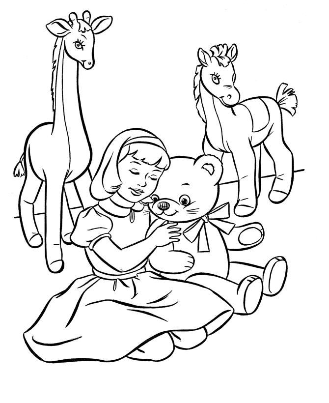 Раскраски жираф  Девочка с игрушками животными, жираф, лошадка, мишка
