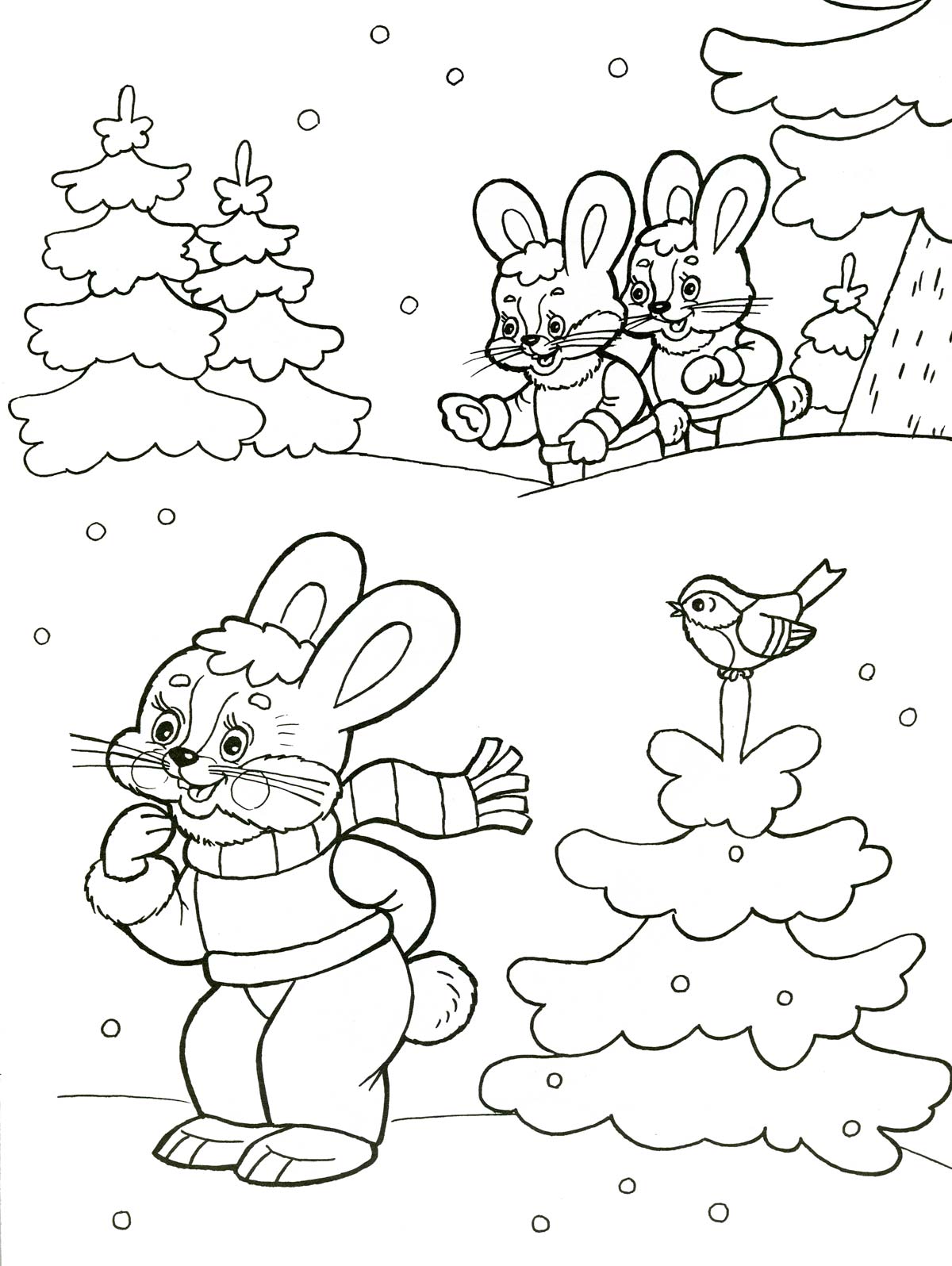 Раскраски зайцы  Про зиму для детей детского сада, зайцы, птица, елочки