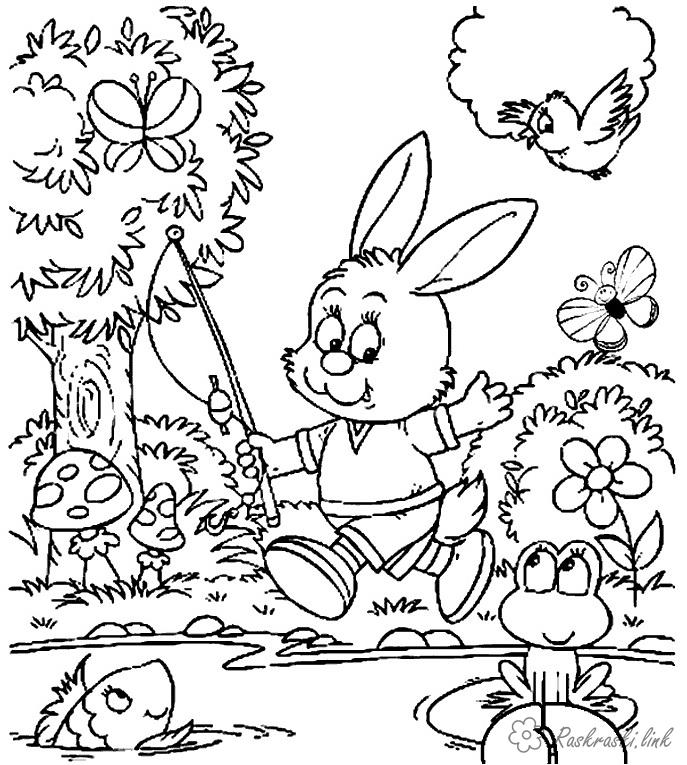 Раскраски зайцы, зайчиха, зайчонок  Раскраски лесные животные раскраска животные, дикие животные, заяц, раскраска зайчик, заяц в одежде, заяц с удочкой, раскраска...