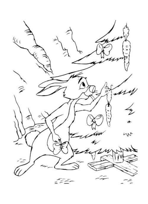 Раскраски зайцы, зайчиха, зайчонок  Новогодние раскраски, заяц наряжает елку морковками