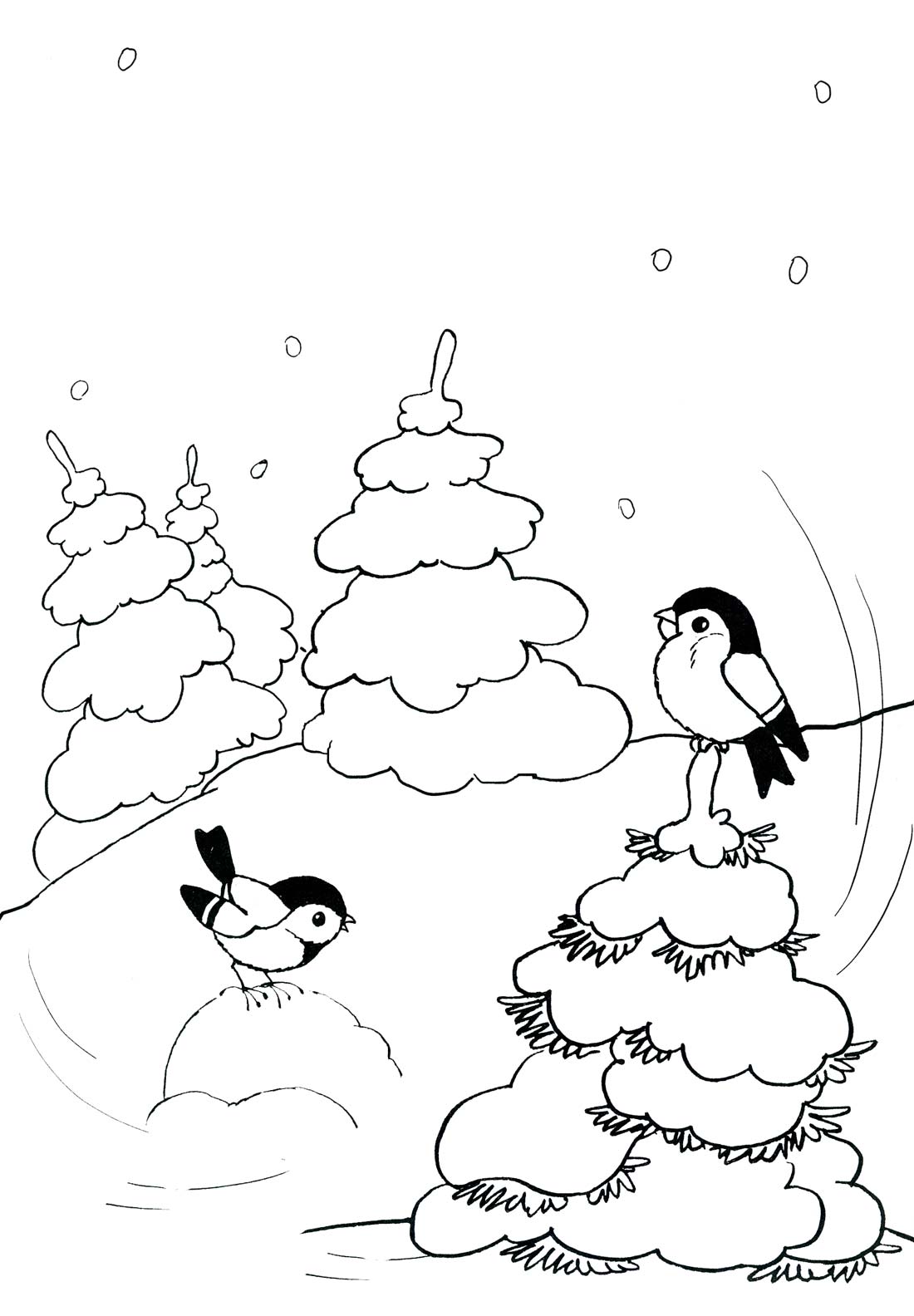   Снегири, птицы на елке, елочки, падает снег
