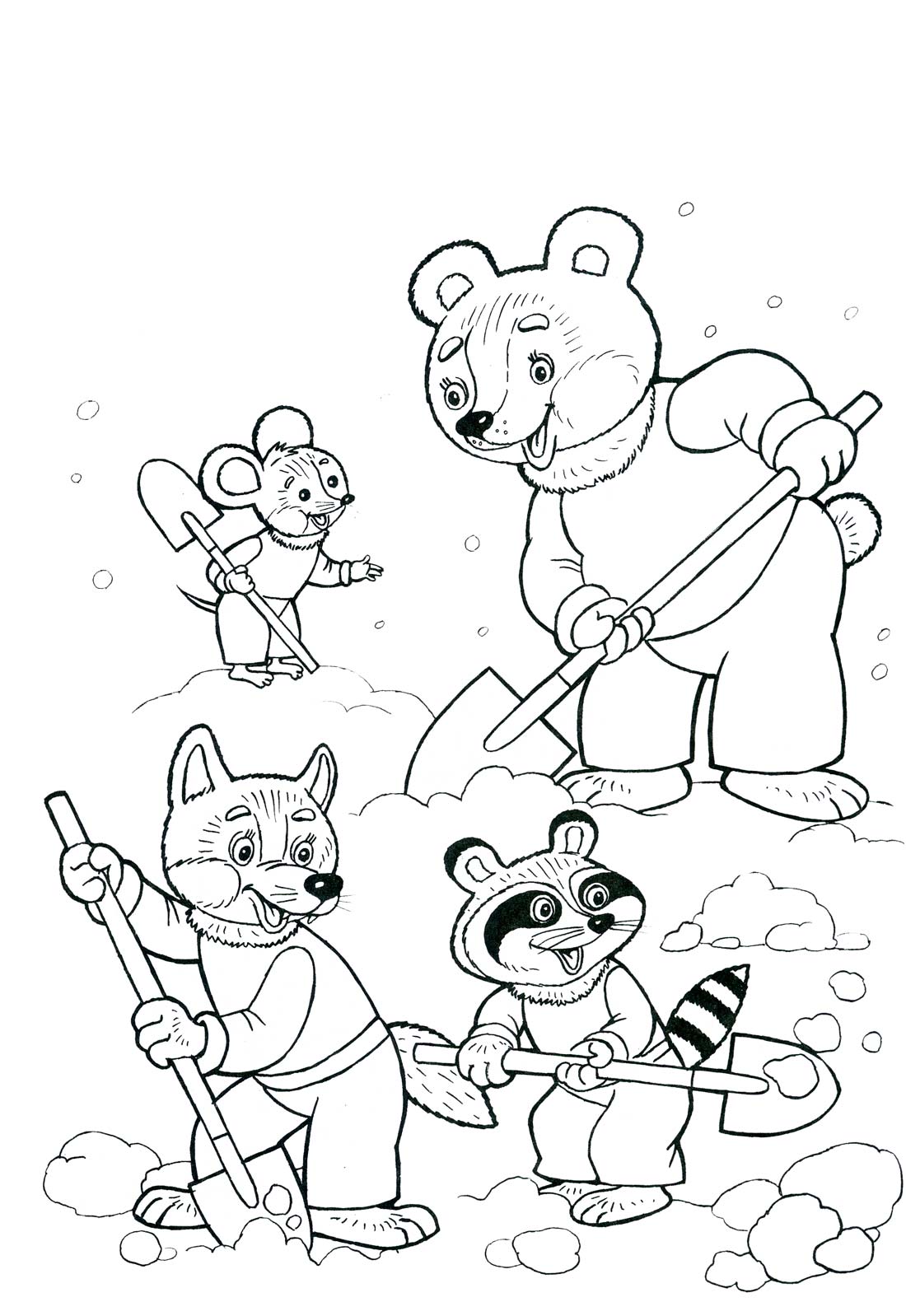 Раскраски енот  Животные откидывают снег, медведь, мышь, лиса, енот, идет снег