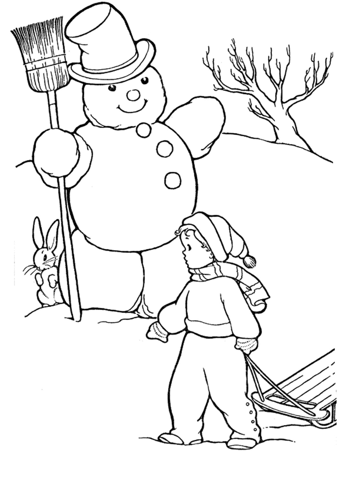 Раскраски зайцы, зайчиха, зайчонок  Зимние раскраски, снеговик в шляпе с метлой, заяц прячется за снеговиком, мальчик с санками, дерево без листьев