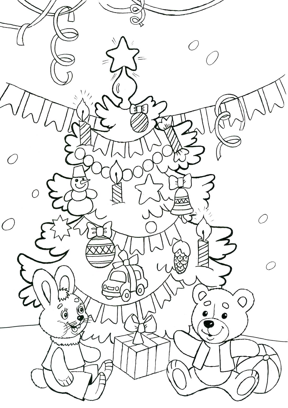 Раскраски зайцы, зайчиха, зайчонок  Наряженная елка, звезды, свечи, шишки, машинки, снеговик, подарки, заяц, мишка, гирлянды, серпантин, флажки