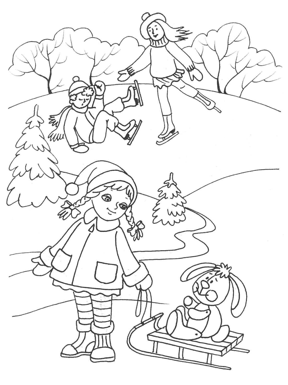 Раскраски зайцы  Раскраски для детей зима. распечатать бесплатно, дети на катке, девочка катает игрушку зайца на санках, елки