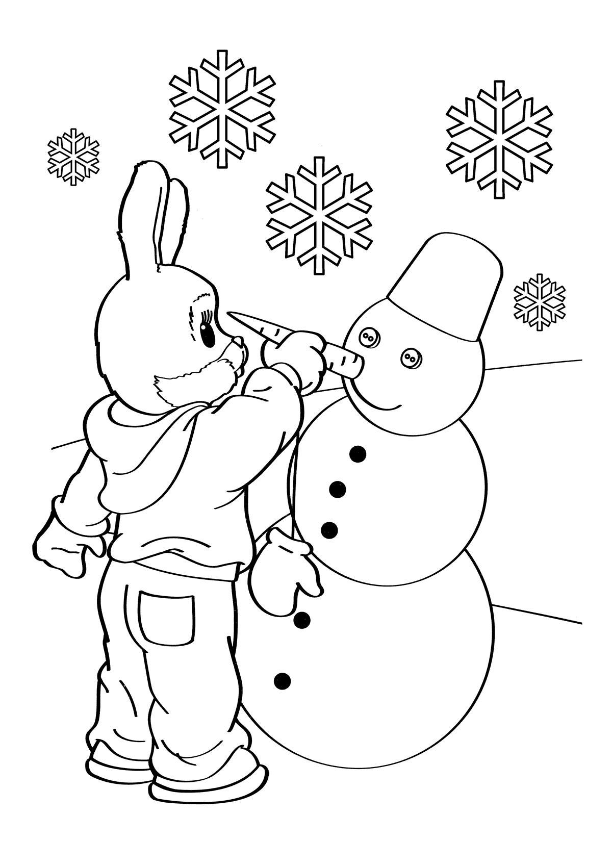 Раскраски зайцы, зайчиха, зайчонок  Зима, заяц лепит снеговика